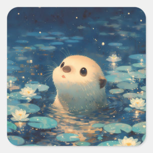Magische Otter in Nachtlotusvijver Vierkante Sticker