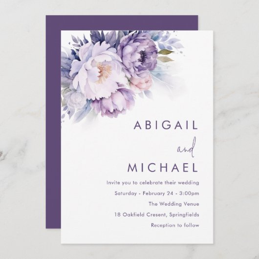 Magische Paarse bloemenbruiloft Kaart (Voorkant / Achterkant)