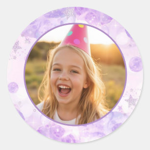 Magische paarse bubbels foto verjaardag  ronde sticker
