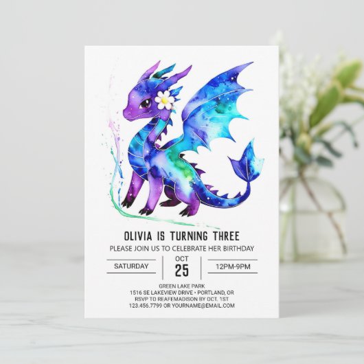 Magische Paarse Dragon Digitale Meisje Verjaardag Kaart (Staand voorkant)