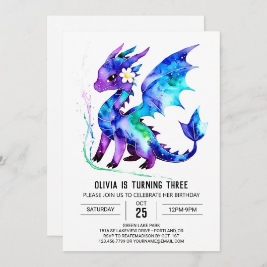 Magische Paarse Dragon Digitale Meisje Verjaardag Kaart (Voorkant / Achterkant)