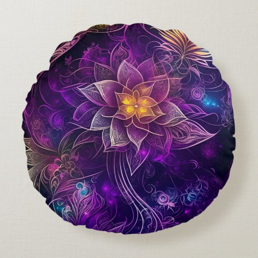 Magische paarse glinsterende bloemen rond kussen (Voorkant)