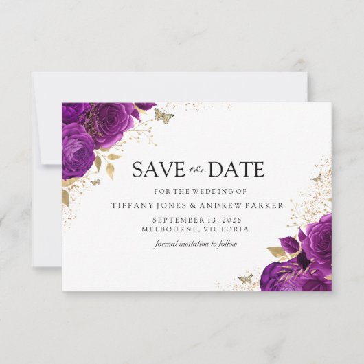 Magische Paarse Violet Rozen Gold Floral Weddensch Save The Date (Voorkant)