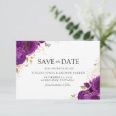 Magische Paarse Violet Rozen Gold Floral Weddensch Save The Date (Staand voorkant)