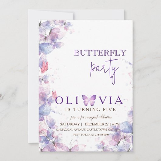 Magische Paarse vlinder 5e verjaardagsuitnodiging Kaart (Voorkant)