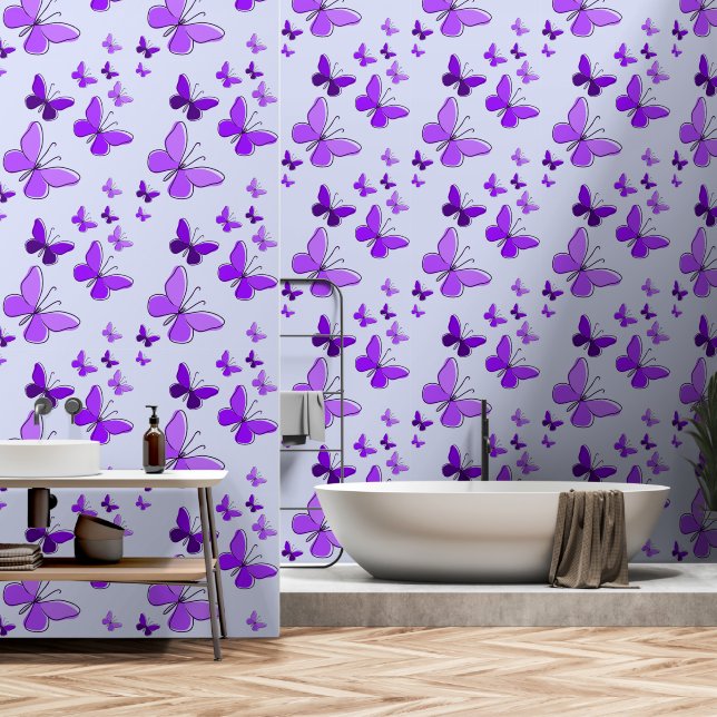Magische Paarse Vlinder Flutter Azureish Wit Behang (Badkamer)