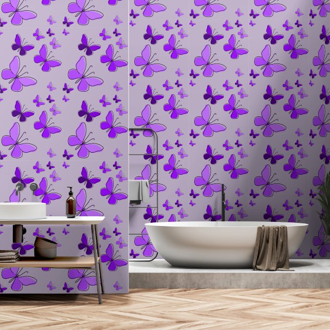 Magische Paarse Vlinder Flutter Lavendel Grijs Behang (Badkamer)