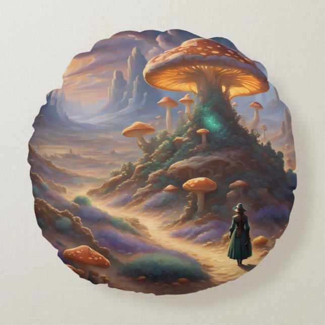 Magische Paddenstoelen Planeet Rond Kussen (Voorkant)