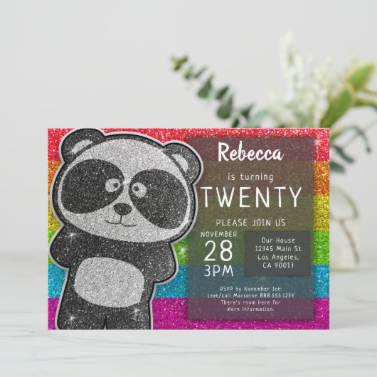 Magische Panda Verjaardag Zwart en Wit Glitters Kaart (Staand voorkant)