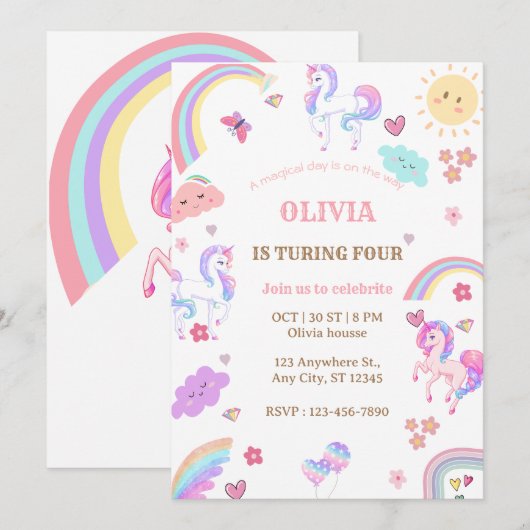 Magische pastei Unicorn Rainbow Birthday Kaart (Voorkant / Achterkant)