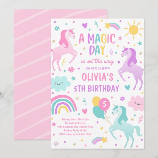 Magische pastei Unicorn Rainbow Birthday Kaart (Voorkant / Achterkant)