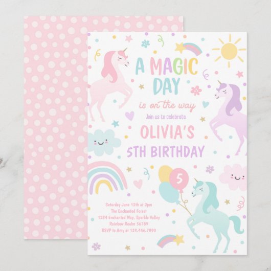 Magische pastei Unicorn Rainbow Birthday Kaart (Voorkant / Achterkant)