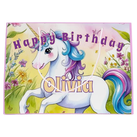 Magische pastel aangepaste eenhoorn verjaardag groot cadeauzakje (Voorkant)