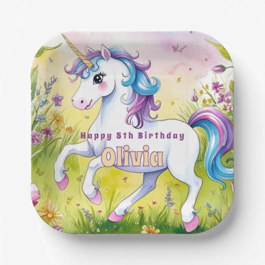 Magische pastel aangepaste eenhoorn verjaardag papieren bordje (Voorkant)