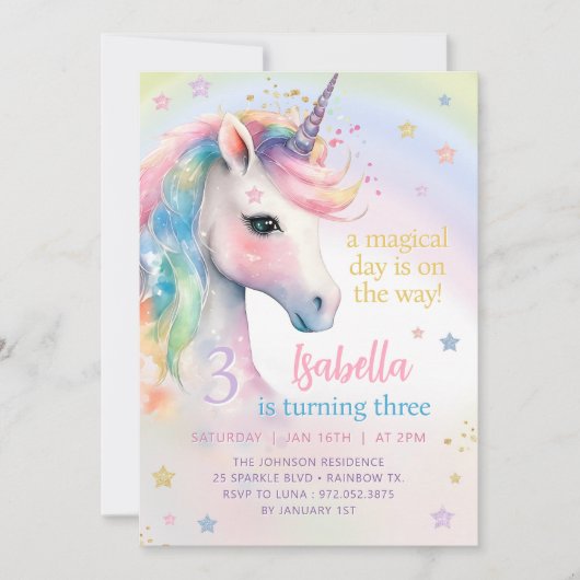 Magische Pastel Rainbow UNICORN Verjaardagsfeest Kaart (Voorkant)
