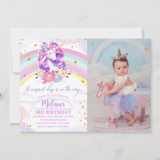 Magische Pastel Regenboog Eenhoorn Verjaardag Foto Kaart (Voorkant)