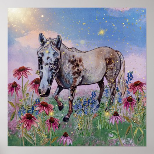 Magische picknick in de bloemen witte appaloosa poster (Voorkant)