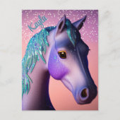 Magische Pony in Paars en Blauwgroen met de Naam v Briefkaart (Voorkant)