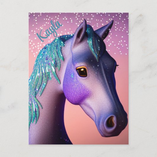 Magische Pony in Paars en Blauwgroen met de Naam v Briefkaart (Voorkant)