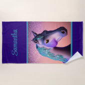 Magische Pony in Paars en Blauwgroen met de Naam v Strandlaken (Voorkant)