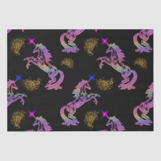 Magische Prancing Regenboog Eenhoorns op Zwart Tissuepapier (Voorkant)