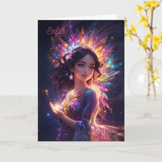 Magische Prinses in Tiara Meisje Verjaardag Custom Kaart (Gele Bloem)