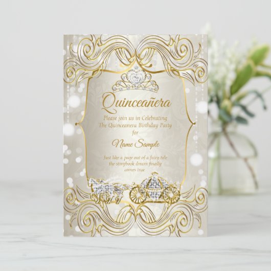 Magische Quinceanera carrousel Beige Silver Kaart (Staand voorkant)