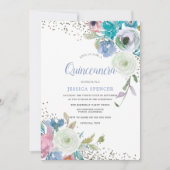 Magische Quinceanera: Mint Blue Sparkle Flowers Kaart (Voorkant)