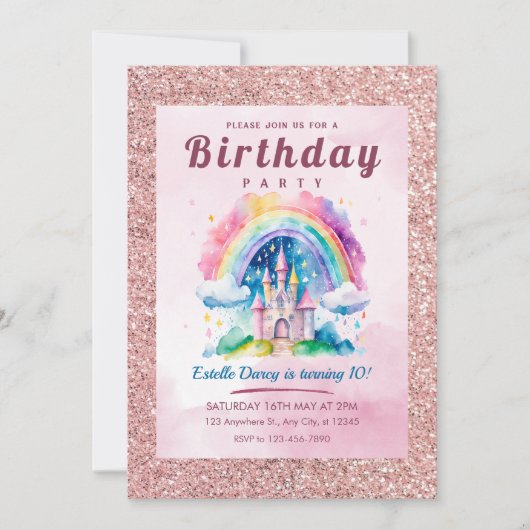 Magische Rainbow Castle 10e verjaardag uitnodiging (Voorkant)