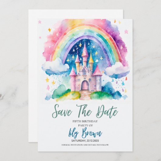 Magische Rainbow Castle Verjaardag Save The Date - Kaart (Voorkant / Achterkant)