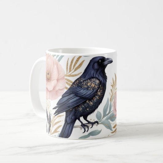 Magische Raven en Floral Elegance Koffiemok (Voorkant links)