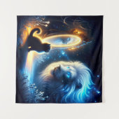 Magische reflectie: zwarte kat en witte leeuw wandkleed (Voorkant (horizontaal))