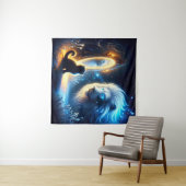 Magische reflectie: zwarte kat en witte leeuw wandkleed (In Situ (horizontaal))