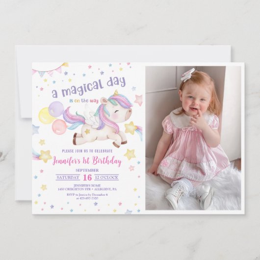 Magische Regenboog Eenhoorn 1e Verjaardag Party Fo Kaart (Voorkant)