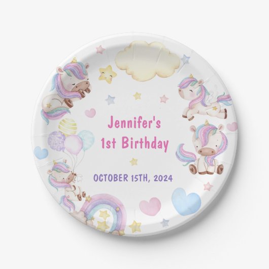Magische Regenboog Eenhoorn 1e Verjaardagsfeest Papieren Bordje (Voorkant)