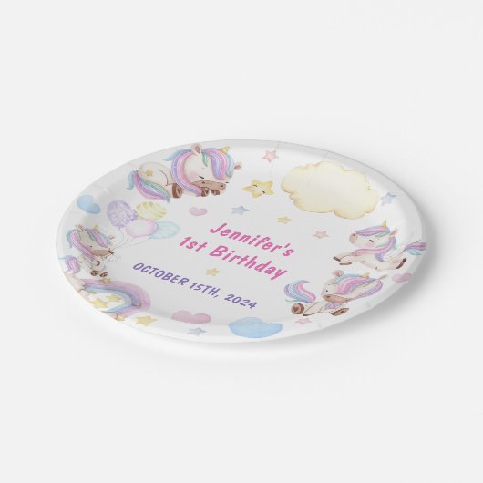 Magische Regenboog Eenhoorn 1e Verjaardagsfeest Papieren Bordje (Gekanteld)