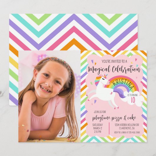 Magische Regenboog Eenhoorn Foto Verjaardag Uitnod Kaart (Voorkant / Achterkant)