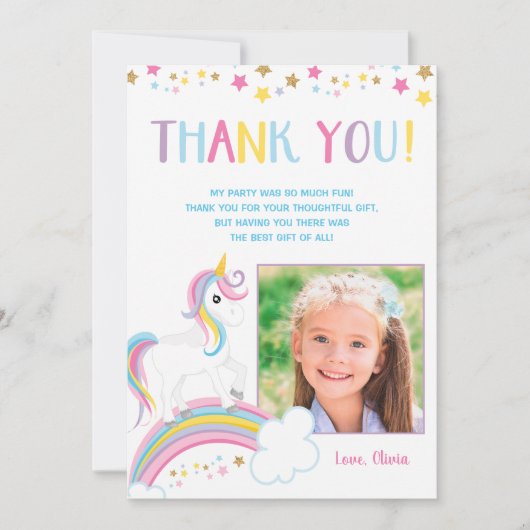 Magische Regenboog Eenhoorn Verjaardagsfoto Plat Bedankkaart (Voorkant)