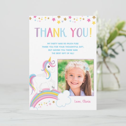 Magische Regenboog Eenhoorn Verjaardagsfoto Plat Bedankkaart (Staand voorkant)