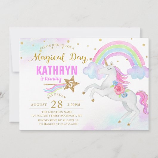 Magische Regenboog Eenhoorn Verjaardagsuitnodiging Kaart (Voorkant)