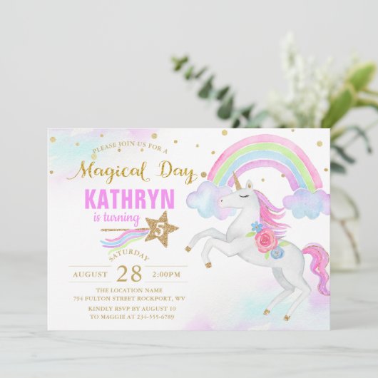Magische Regenboog Eenhoorn Verjaardagsuitnodiging Kaart (Staand voorkant)