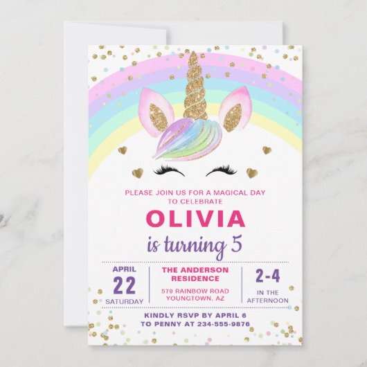 Magische regenboog Unicorn Gold Glitter Girl Birth Kaart (Voorkant)