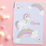 Magische regenboog Unicorn Paars gepersonaliseerd iPad Air Cover<br><div class="desc">Een leuke eenhoorn paarse iPad cover met sterren en een regenboog. Pas haar naam aan om een leuk cadeau voor een meisje te maken!</div>