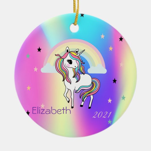 Magische regenboog Unicorn Stars Holographic Keramisch Ornament (Voorkant)