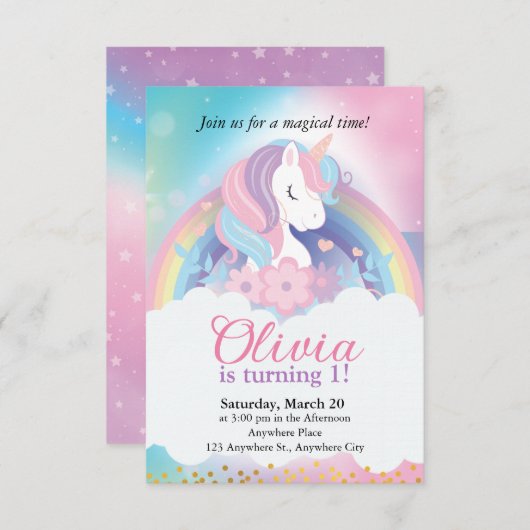 Magische regenboogunicorn Birthday-uitnodiging Kaart (Voorkant / Achterkant)