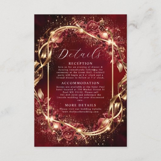 Magische rode gouden accent bruiloft informatiekaartje (Voorkant)