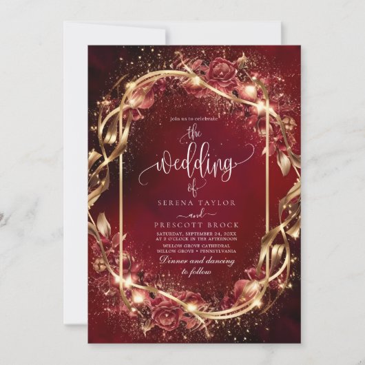 Magische rode gouden accent bruiloft uitnodiging (Voorkant)