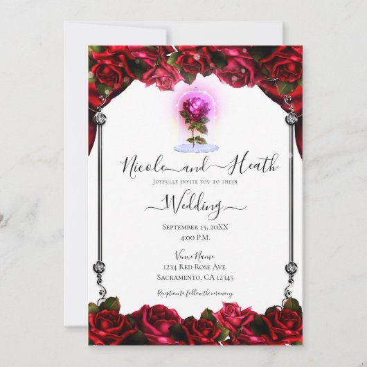 Magische rode roze zilverwitte bruiloft kaart (Voorkant)