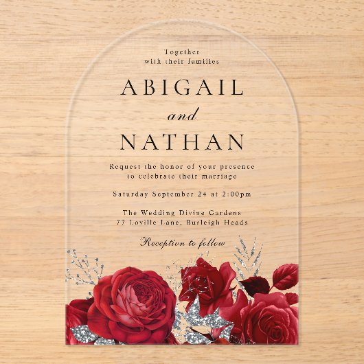 Magische rode rozen boog bruiloft acryl uitnodigingen (Voorkant)