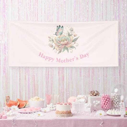 Magische Roos en Vlinder Pastel Moederdag Spandoek (Feest)